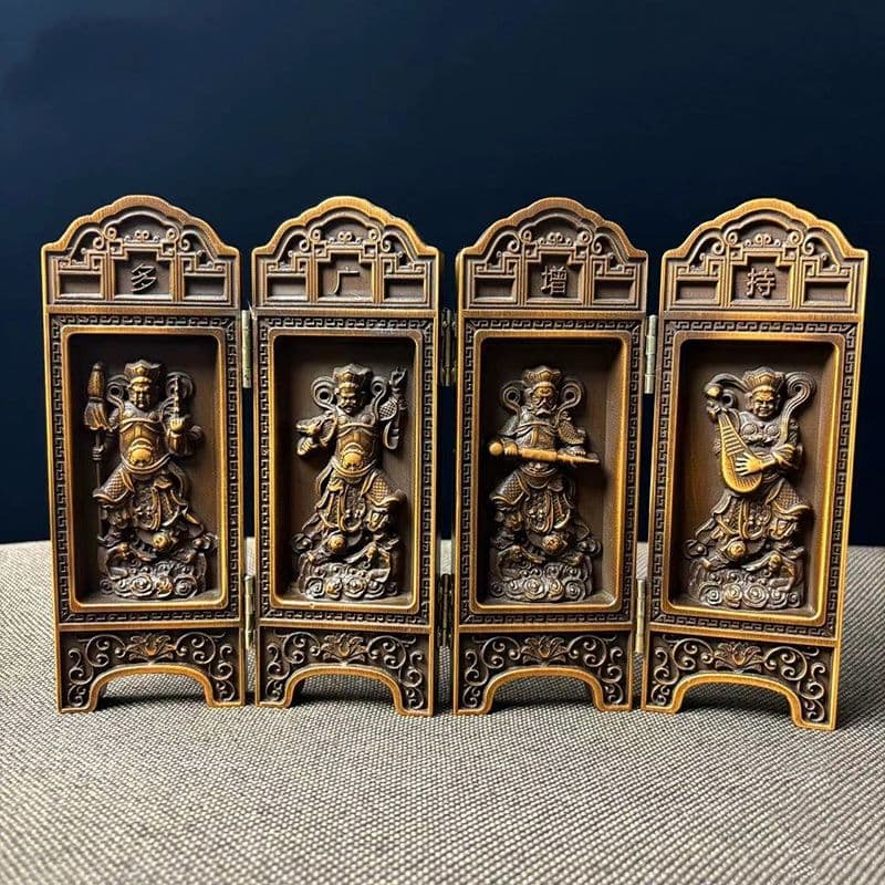 高級天然木彫り 置物 開運 仏像 四天王屏風 風水 置物