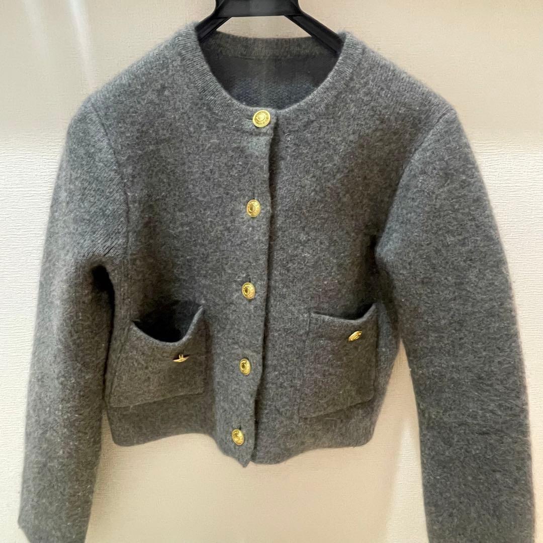 2602022 anuans ラクーンブレンドノーカラーニットジャケット グレー