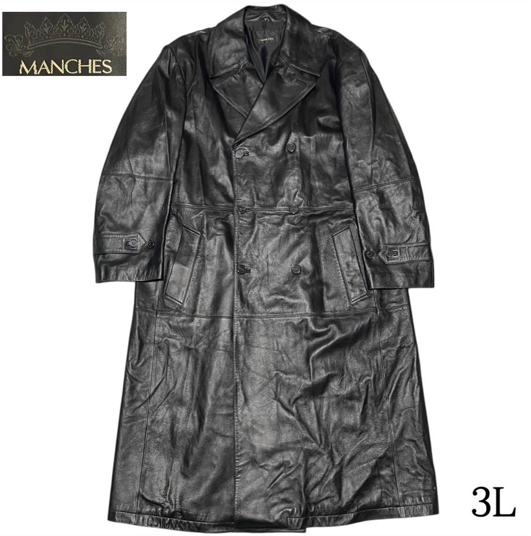 【大きいサイズ×羊革】極美品 マキシ丈ラムレザーダブルチェスターコート 黒 3L