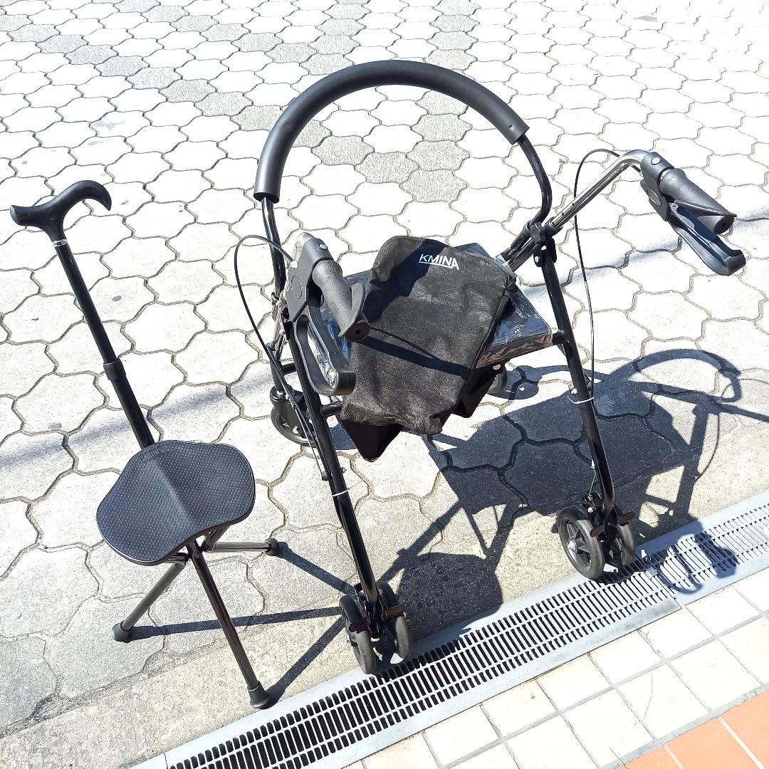美品◎KMINA Walker 四輪歩行器 杖付き折りたたみチェア付属
