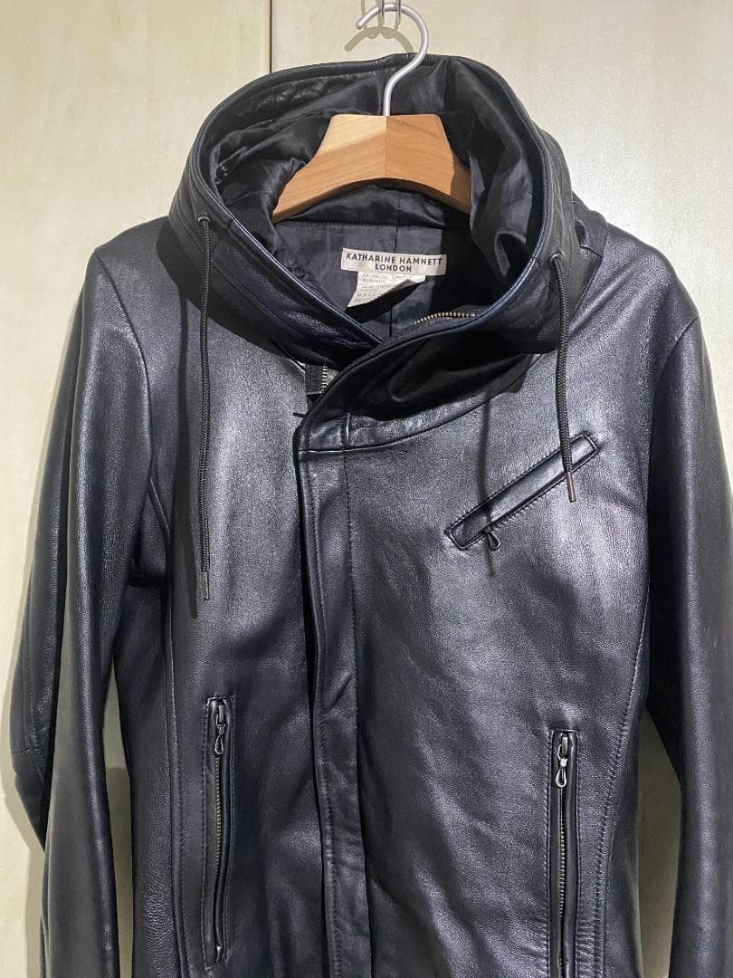 キャサリンハムネット ラムレザー フーディー パーカー 黒 フード　Mサイズ