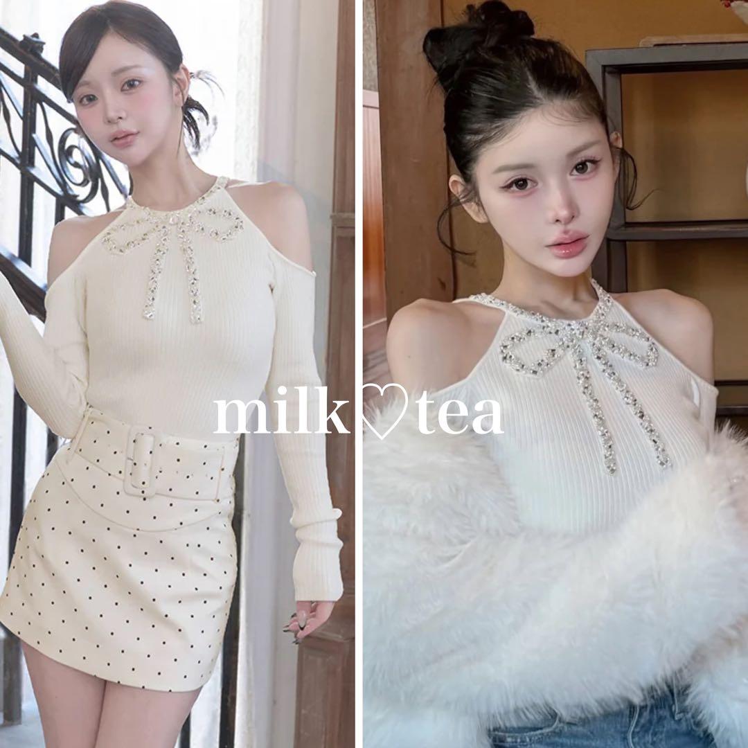 新品タグ付 ダーリッチ アイボリー F リボンビジューアメスリニットトップス