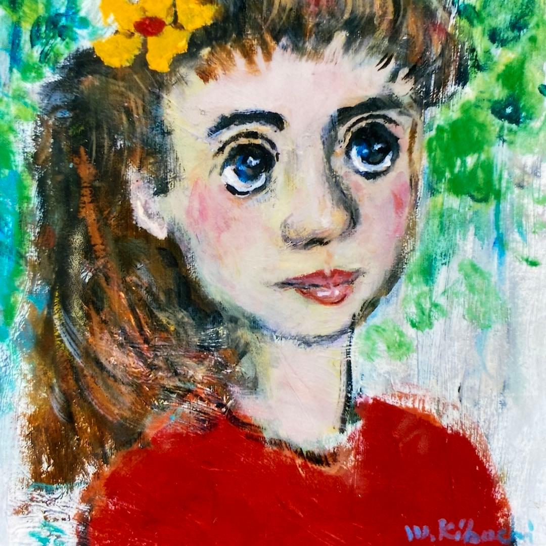 絵画　油絵　油彩画　菊地正則　F3号　「花リボンの少女」原画　美品　額付き