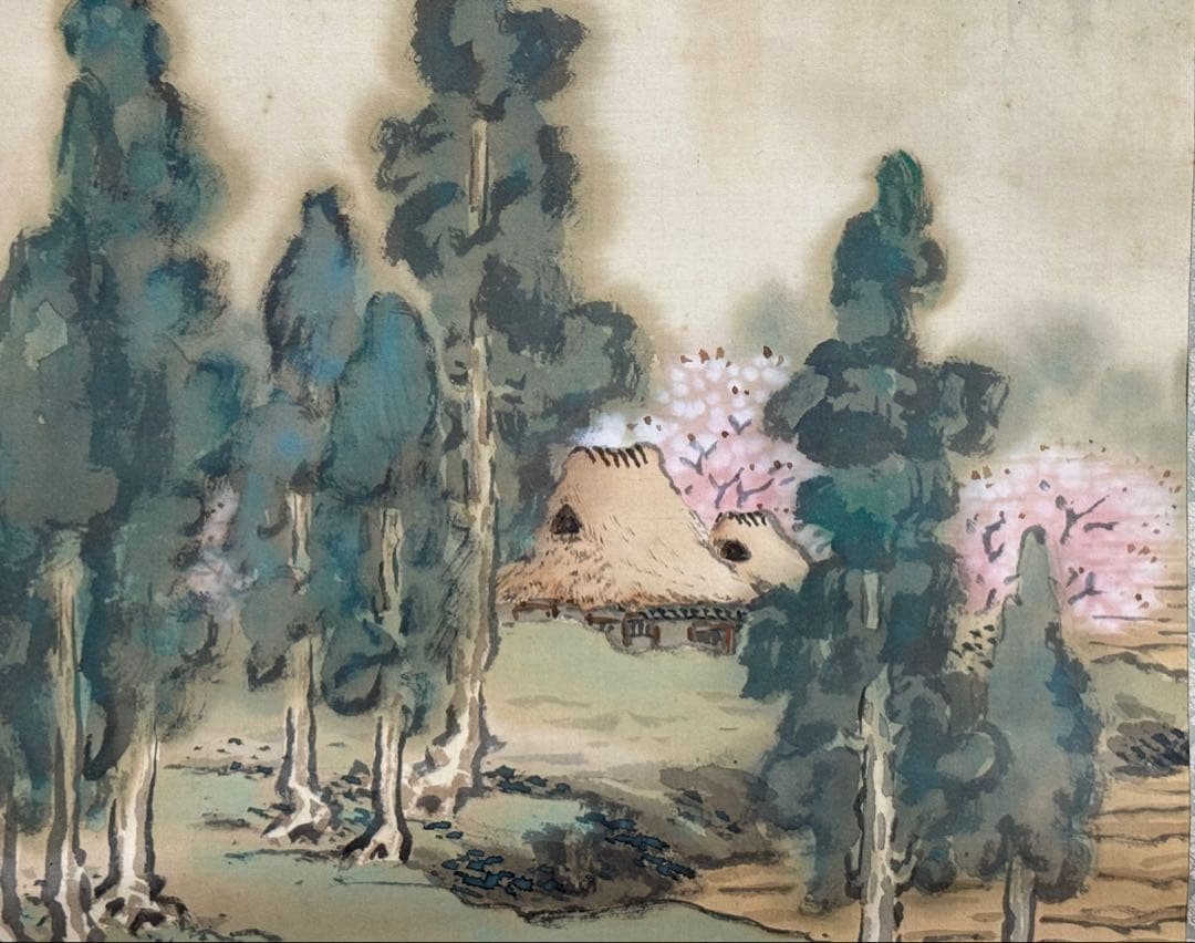 尾竹越堂筆 絹本肉筆 春景山水 共箱 掛軸 送料込み250622 - メルカリ