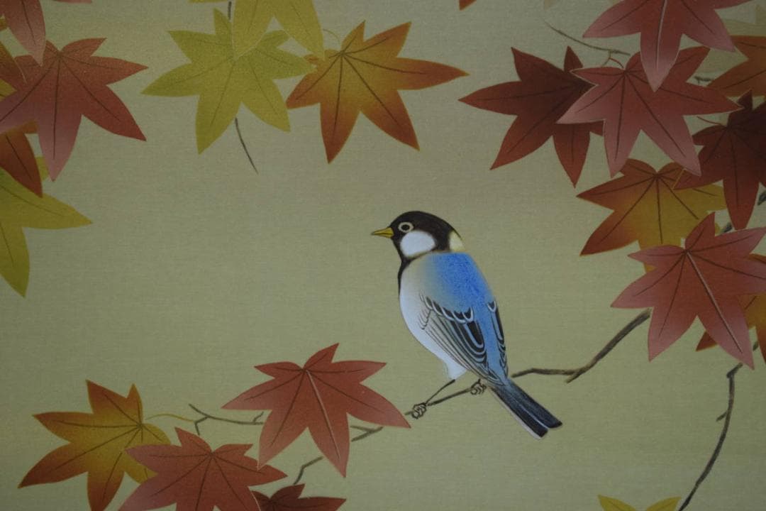 真作/松村朱夏/紅葉に小禽図/美品/桐共箱付/布袋屋掛軸HF-62