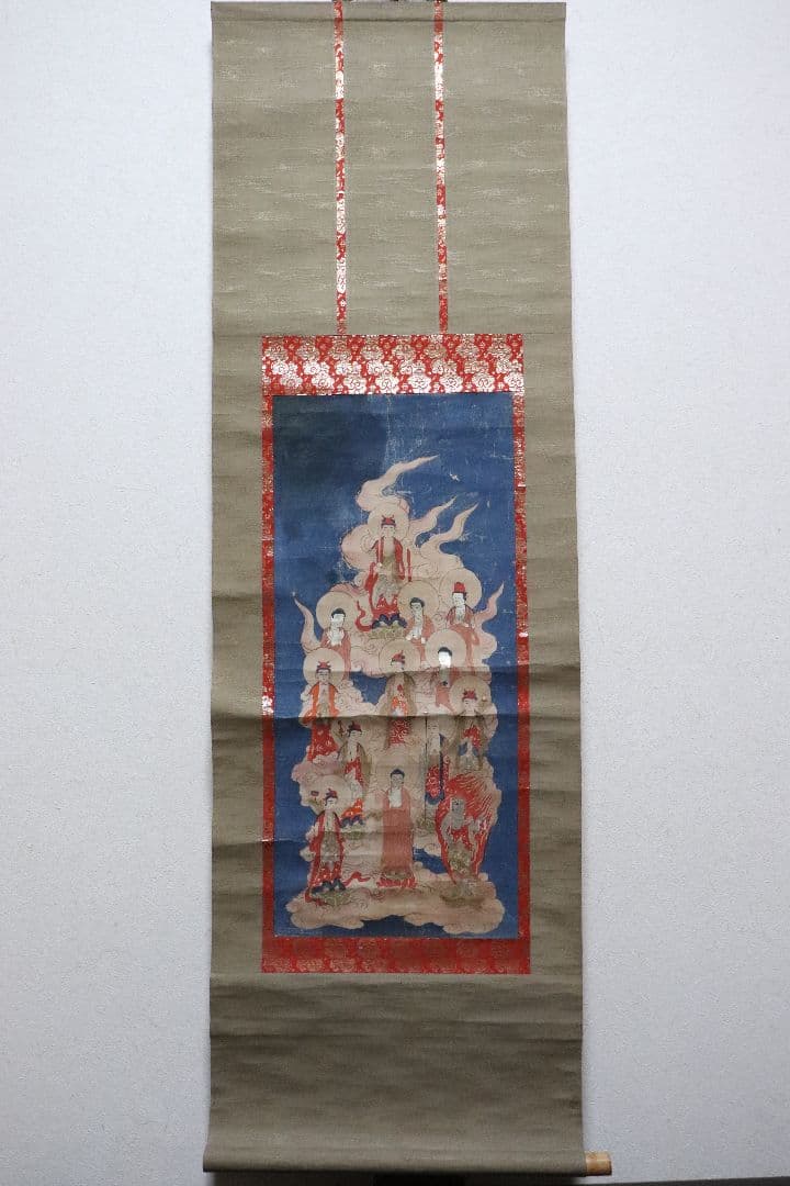 古い掛軸　十三佛　十三仏　仏画　版彩色　曼陀羅　幕末明治