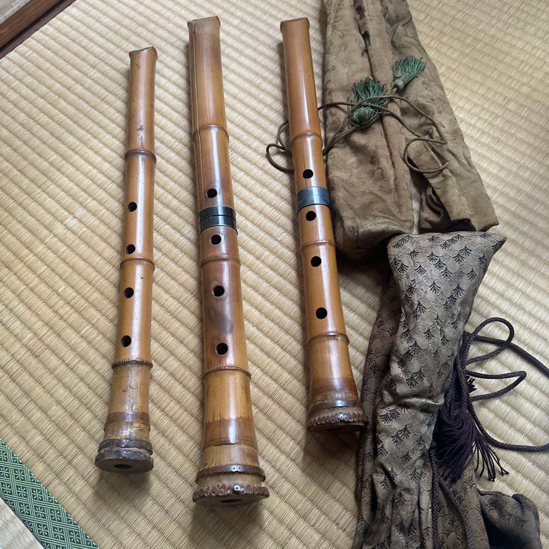 尺八 3本セット 竹製 収納袋付き 送料込 尺八入門セット 教則DVD 収納袋 つゆきり 1尺8寸管（D調
