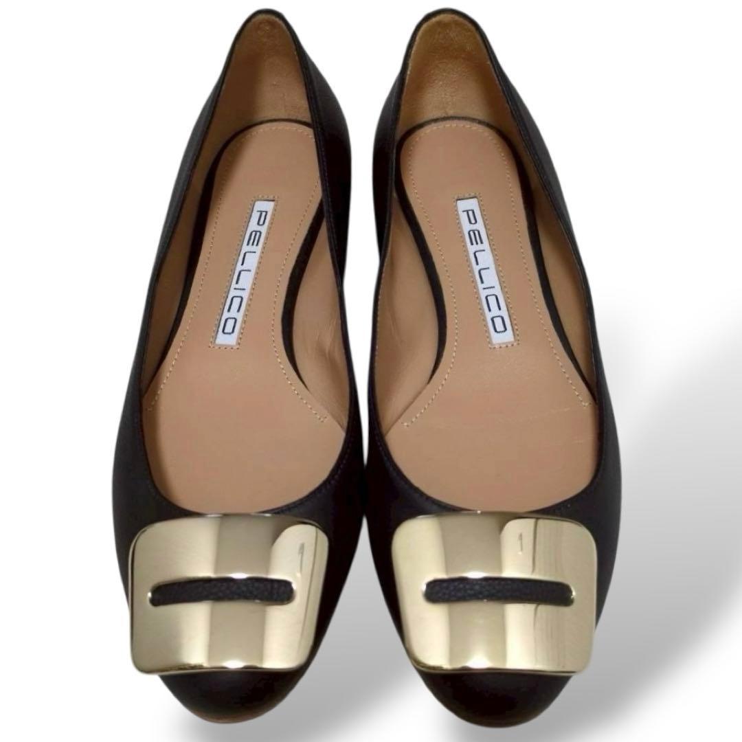 極美品　ペリーコ　アネッリ　ローヒール　パンプス　バックル　ダークグレー　レザー 極美品 ペリーコ アネッリ ローヒール パンプス バックル ダークグレー