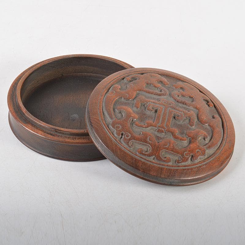 中国　唐木紫檀製　刻雙龍文　蓋物　数珠入　V　R6021E