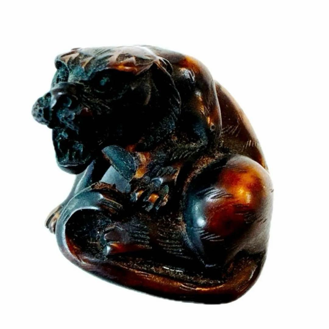 木彫り熊 熊 根付 木製 彫刻 置き根付 提げ物 骨董 アンティーク 黄楊