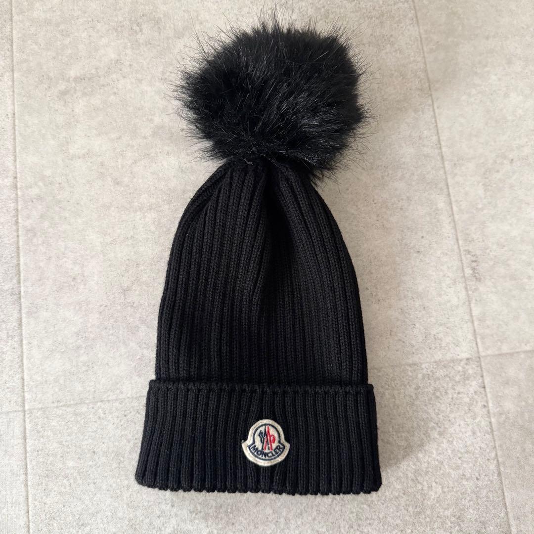 モンクレール ボンボンニット ニット帽 ビーニー ロゴワッペン 黒 L
