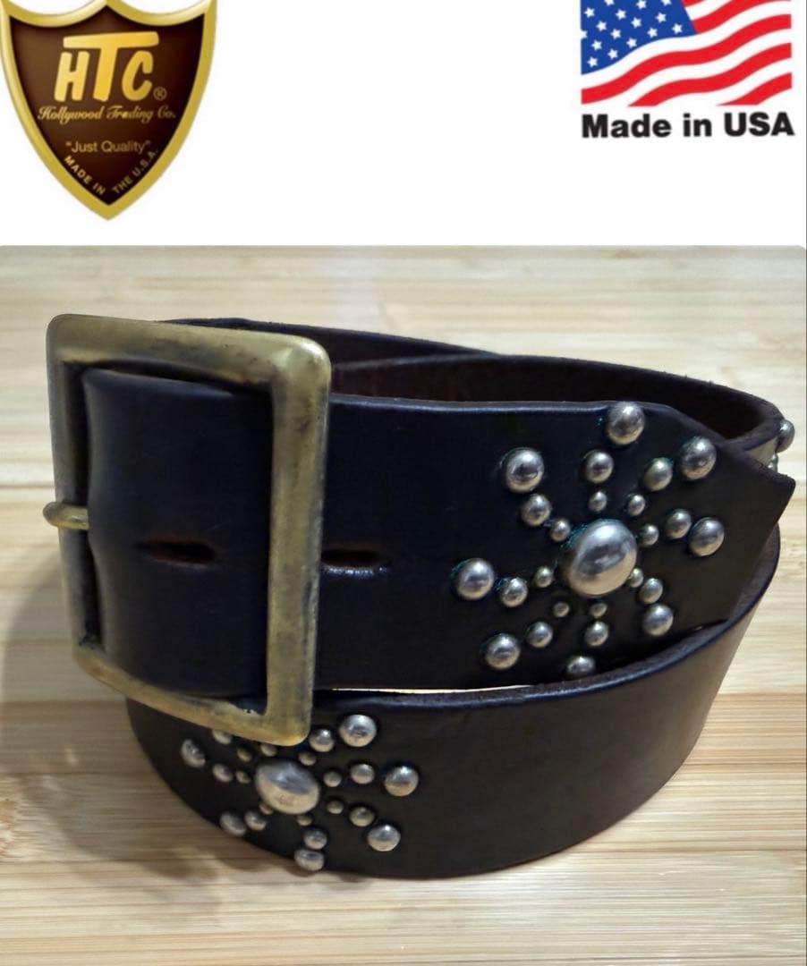 美品⭐️HTC⭐️サンバーストベルト⭐️ブラックレザー×シルバースタッズ⭐️34インチ