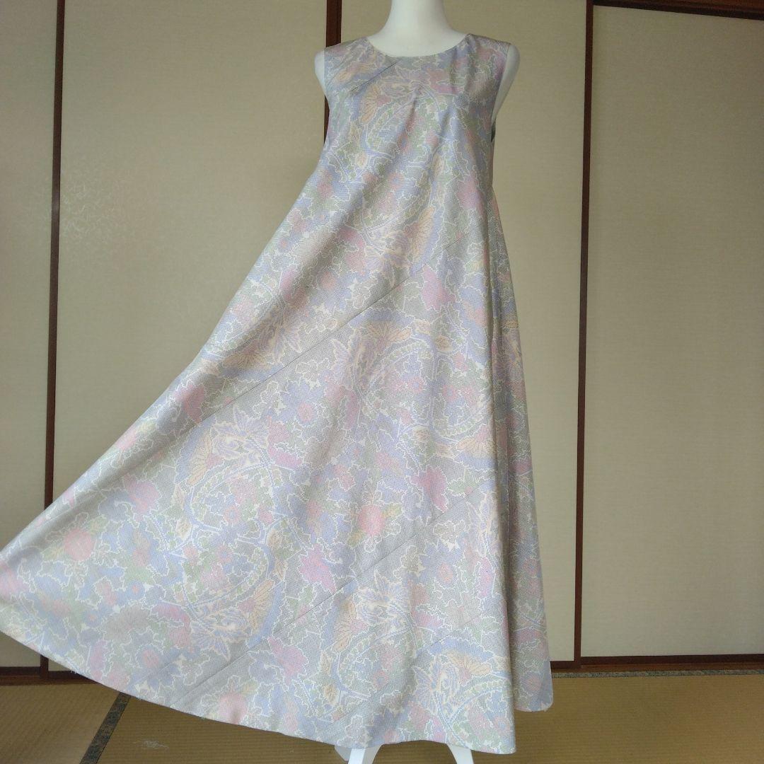 白大島紬解き生地から、バイアス仕立てロングフレアーワンピース　M寸