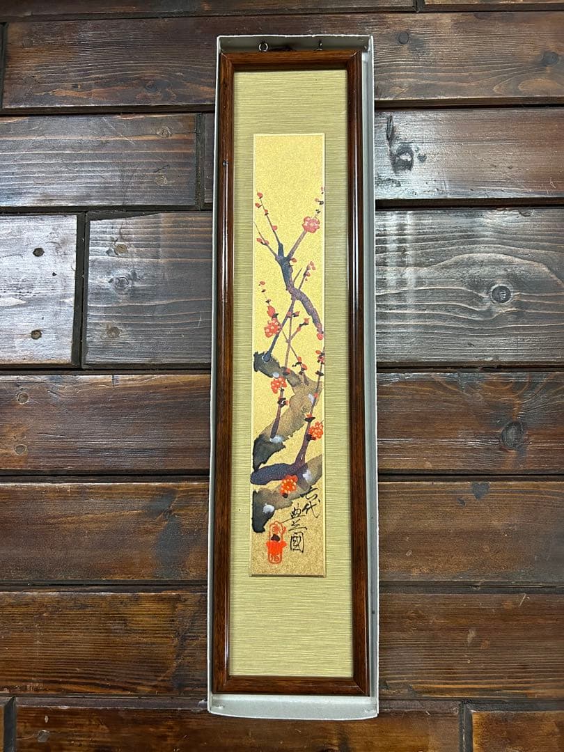 六代歌川豊国画、梅の花の肉筆日本画短冊