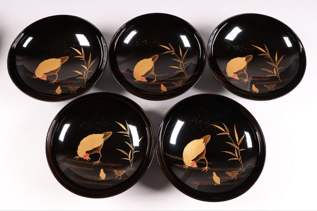 CM354】時代蒔絵椀 竹に鶏金蒔絵 平椀五客 木製 /(検) 輪島塗加賀能登