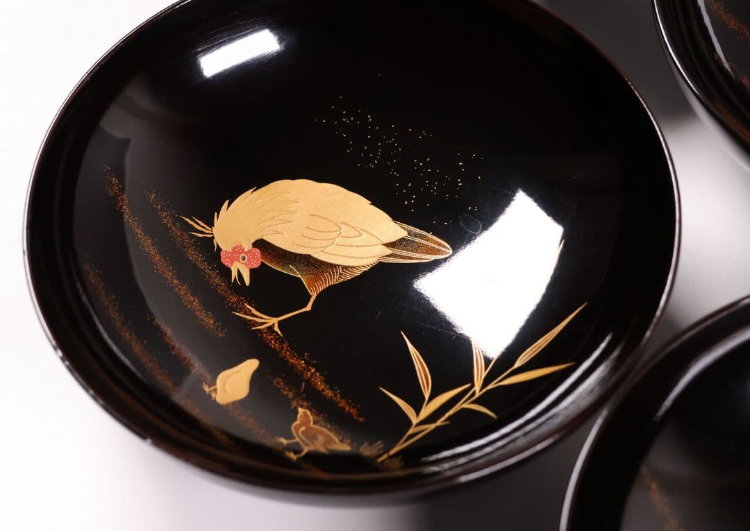 CM354】時代蒔絵椀 竹に鶏金蒔絵 平椀五客 木製 /(検) 輪島塗加賀能登