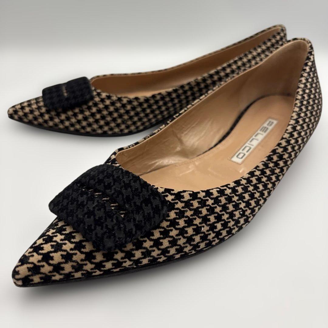 美品✨ペリーコ　フィッビア　千鳥柄　ポインテッドトゥ　フラットシューズ　黒×茶