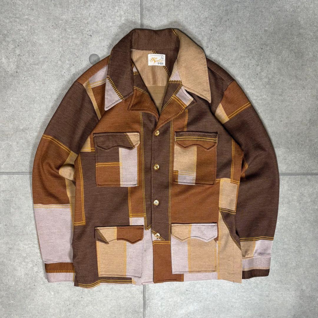 ヴィンテージ　長袖シャツ　ポリシャツ　70s　開襟　ツギハギ　ボックス型　太襟