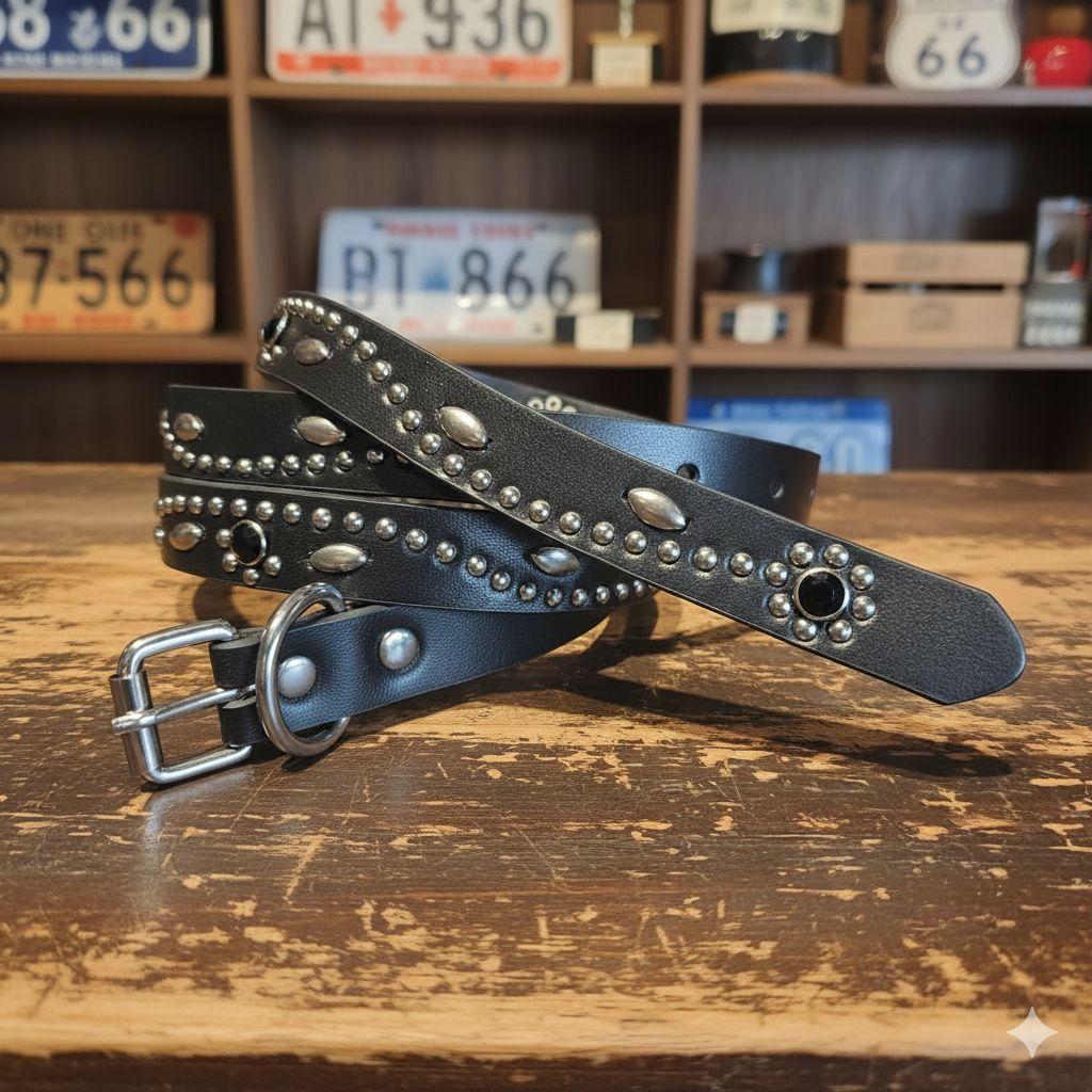 フラワー黒■本革レザーフルスタッズナローベルト☆ブラックダイヤモンドオニキス