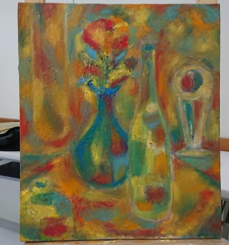 油彩画『花瓶とボトル』F10