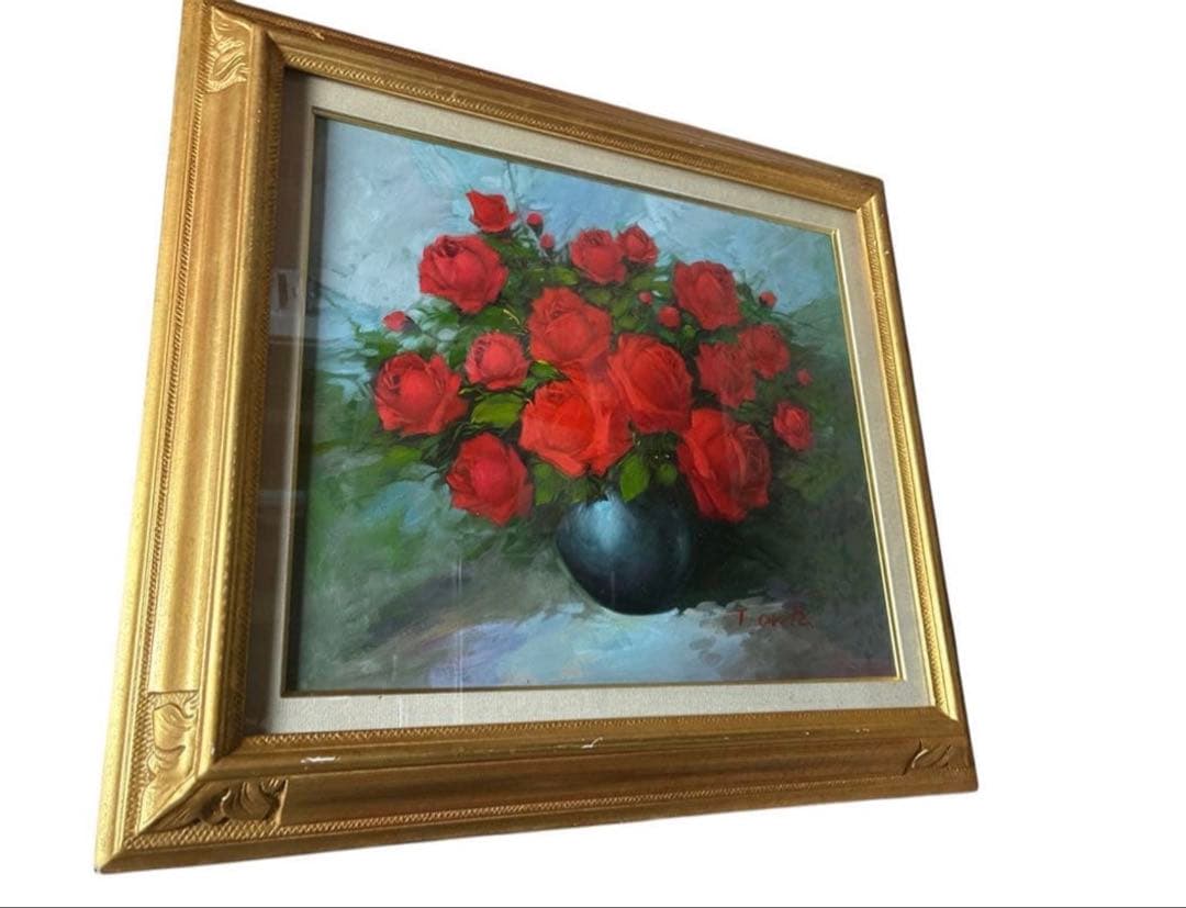 折田 忠 赤いバラの油彩画 金色フレーム