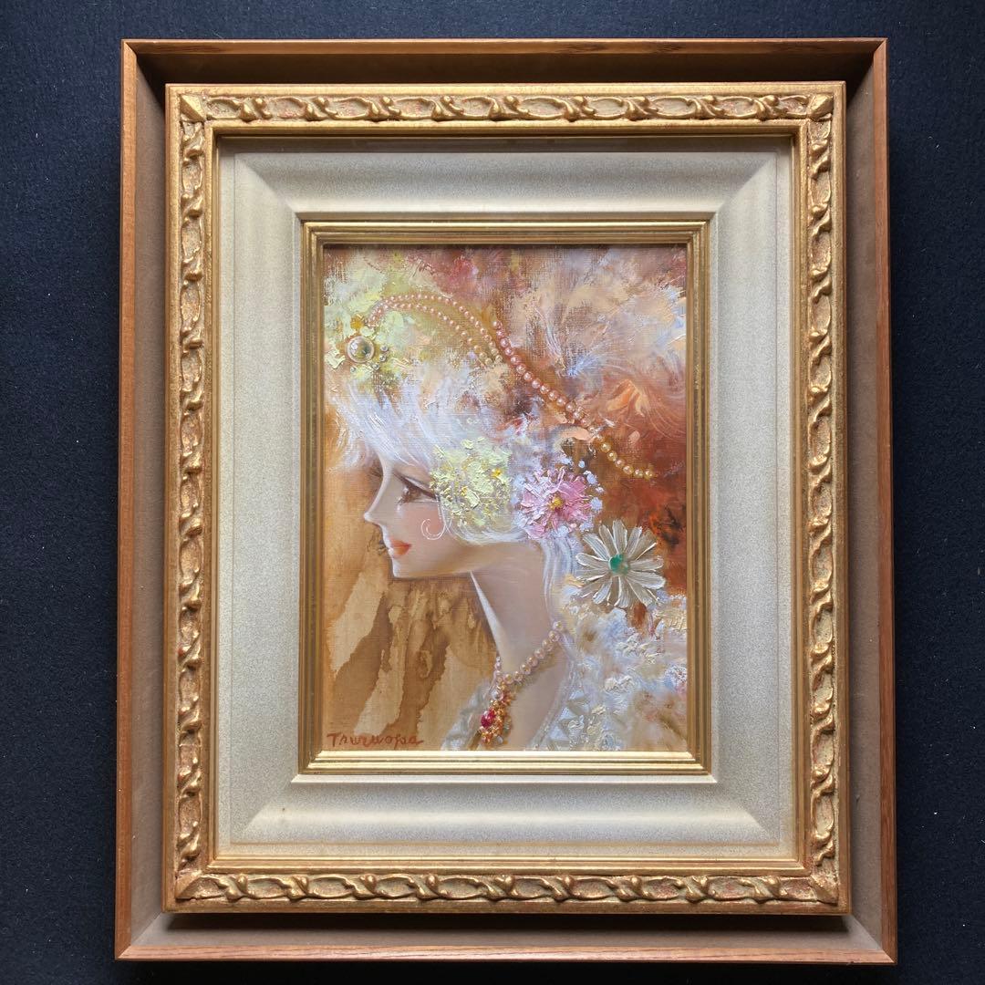 鶴岡義雄『マドモアゼル』額56×47絵薬33×24F4サイズ 鶴岡義雄「マドモアゼル」油絵・F4号 絵画買取・販売の小竹美術