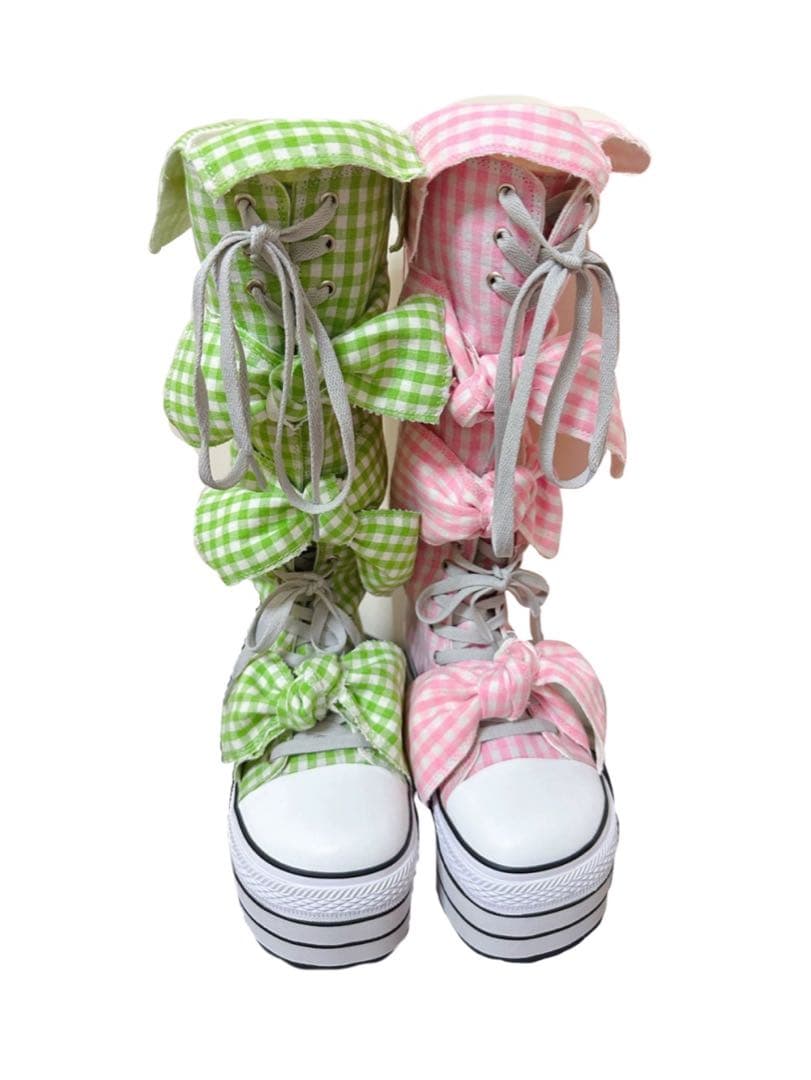 y2k 平成ギャル　ギンガムチェックリボン　ロングブーツ　リボン厚底靴　00s