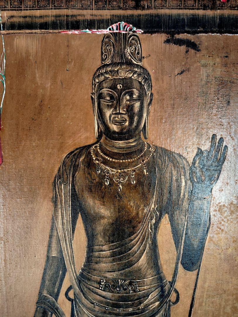 67x112cm大型絵画仏像 油彩画観音様キャンパス手描き原画美術展出品作品真作