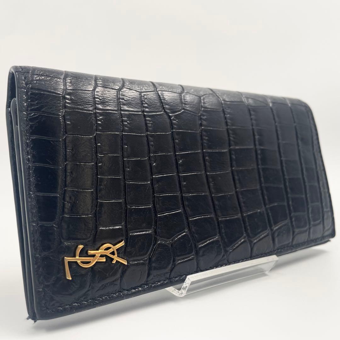【✨美品】サンローラン 長財布 YSL クロコ レザー カサンドラ ブラック