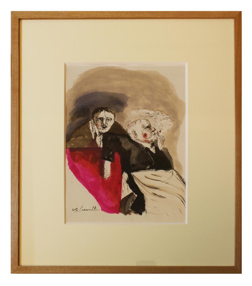 筧本生 水彩とインク『カフェのギャルソン2人』 かけいもとなり 1978年 CAFEのギャルソン2 - A LA UNE