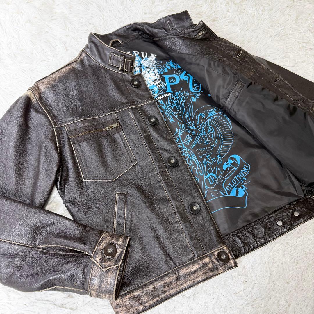 限定版リングスパン　イングランド製　レザージャケット　スタッズ　ヴィンテージ加工 ロンジャン 80年代 英国製 ヴィンテージ リアルレザー イギリス