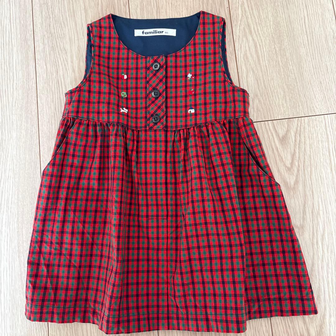 現行品　familiar 赤とチェック柄 ワンピース