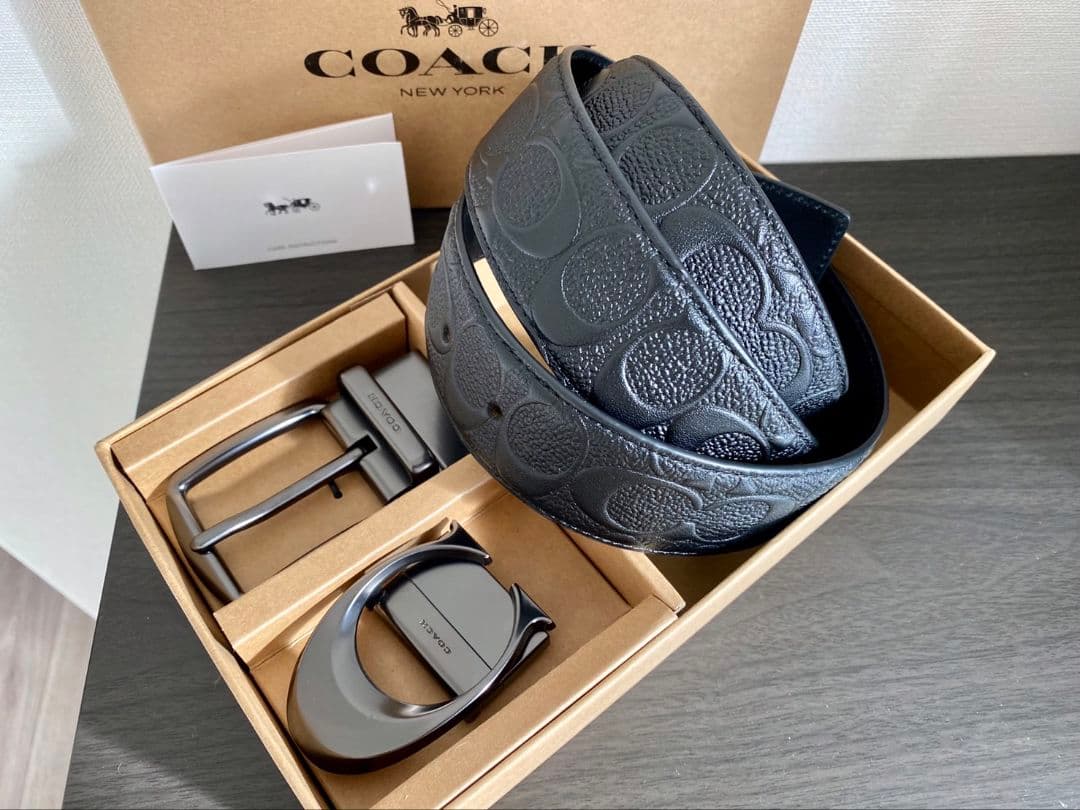 限定SALE♪コーチ　新品　ガンメタバックル　シグネチャーブラックベルトセット