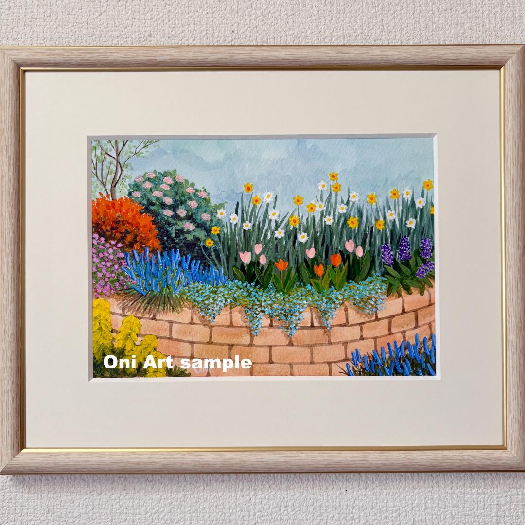 アクリル画　原画　「小さな花壇04」額縁付　SMサイズ　風景画
