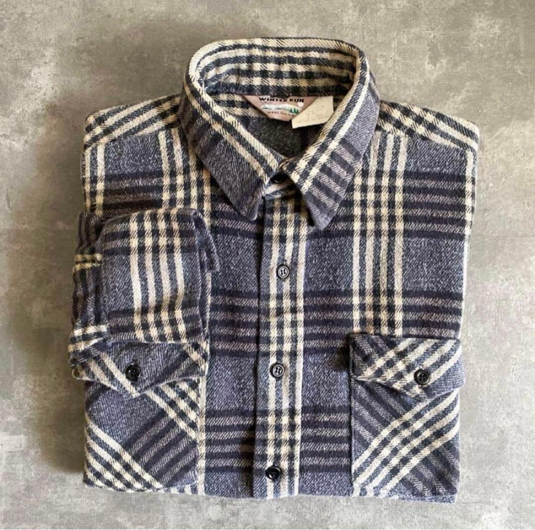 70s 80s WINTER RUN ネルシャツ 灰色×黒×白 USA製 L
