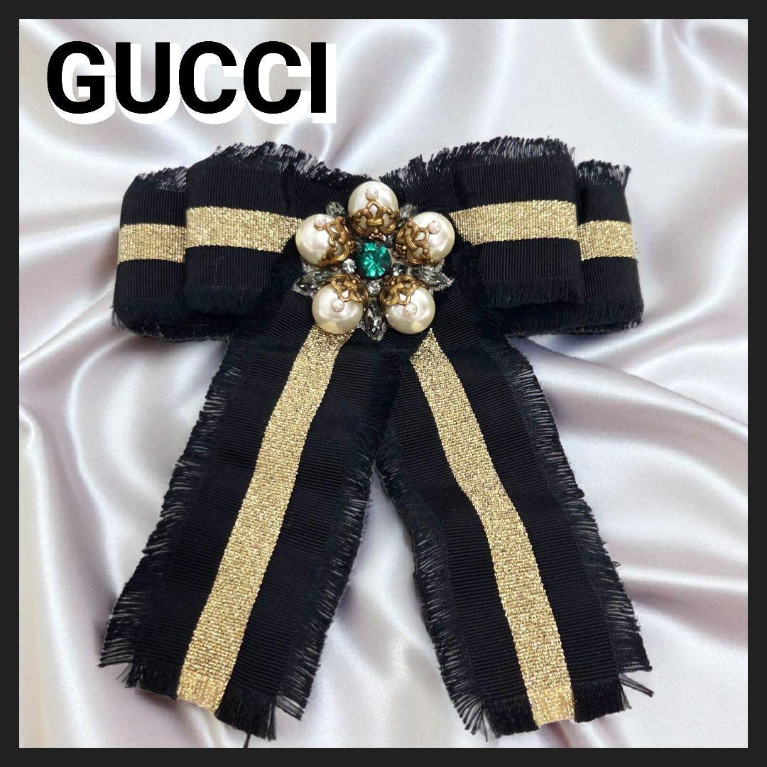 ✨レア GUCCI リボン ブローチ パール ブラック ゴールド