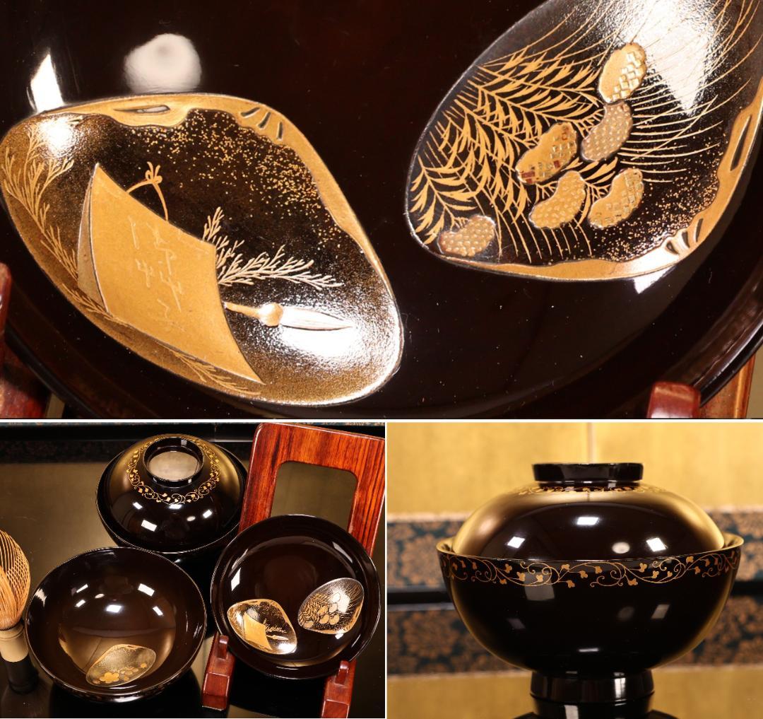 BK424　時代輪島塗　図替り　貝尽くし図金蒔絵　吸物椀　二客　木製　懐石 菓子