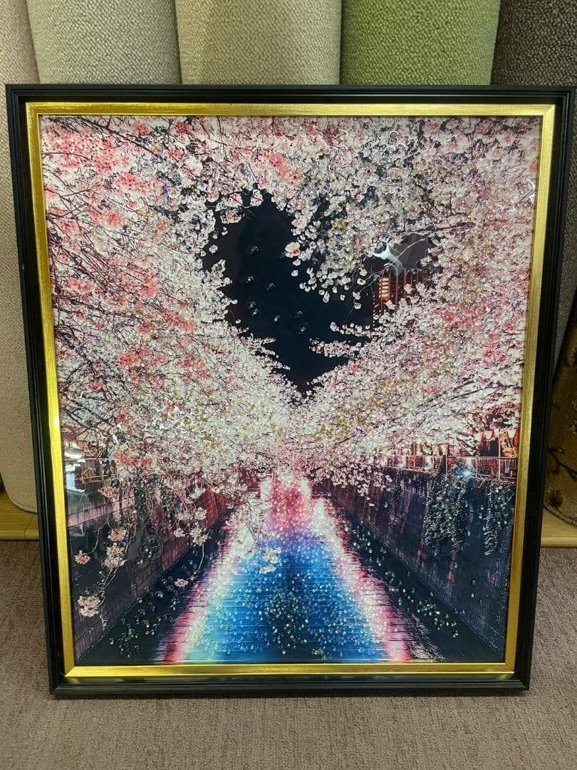 水晶絵　アートパネル　桜　夜桜　目黒川　ハート　さくら　夜景　絵画　絵　壁掛け